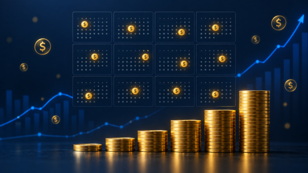 Monthly Dividend Stocks calendar showing gold dividend payment icons across 12 months with stacked coins representing recurring income